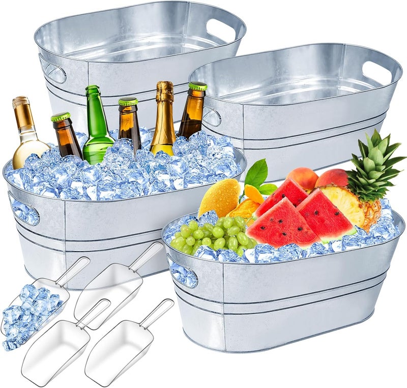 IKAYAS 4 Gallon Ice Buckets for Parties, Galvanized Metal Ice Bucket Ice Tub with Scoop for Cocktail Bar Mimosa Bar Supplies, Large Champagne Bucket Beer bucket Metal Tub (4 Pack) - Image 1